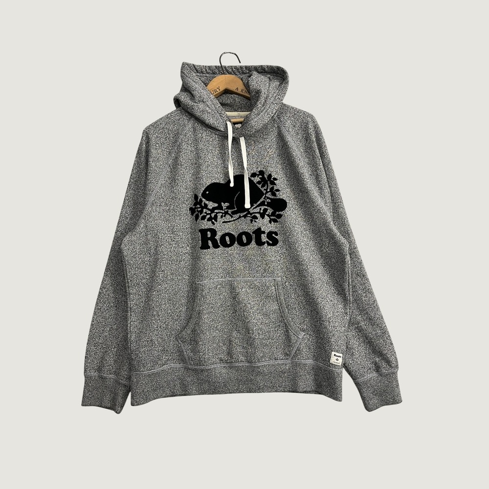 Roots Gray Salt and Pepper Beaver Logo Pullover Hoodie Mens XL